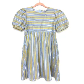 English Factory Light Blue/Multicolor Striped Puffed Sleeve Babydoll Dress NWT- Size XS