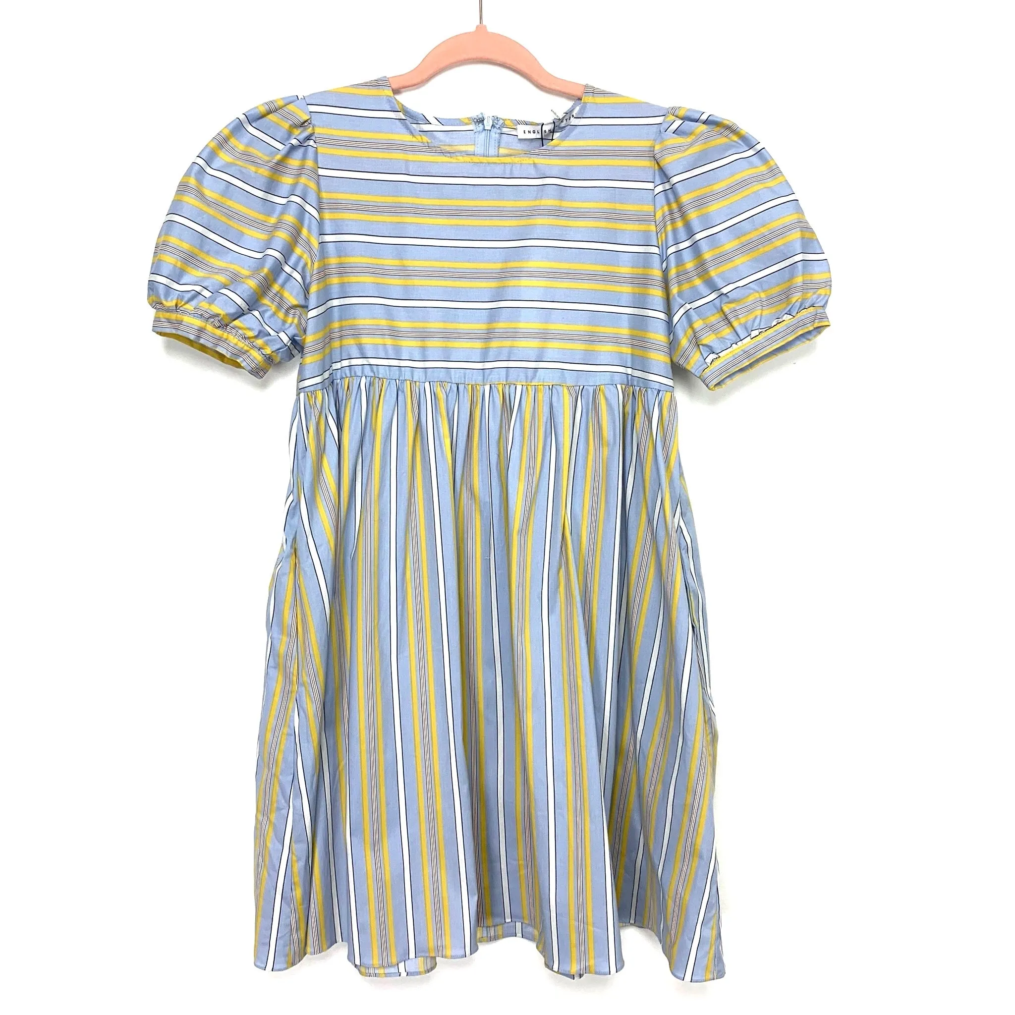 English Factory Light Blue/Multicolor Striped Puffed Sleeve Babydoll Dress NWT- Size XS