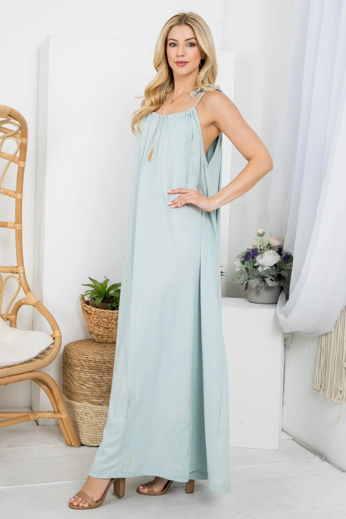 LIGHT SAGE ADJUSTABLE SHOULDER TIE MAXI DRESS