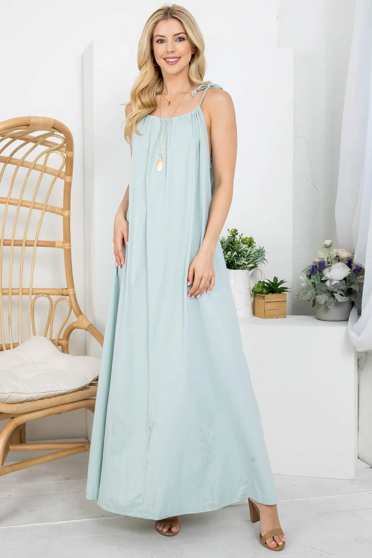 LIGHT SAGE ADJUSTABLE SHOULDER TIE MAXI DRESS