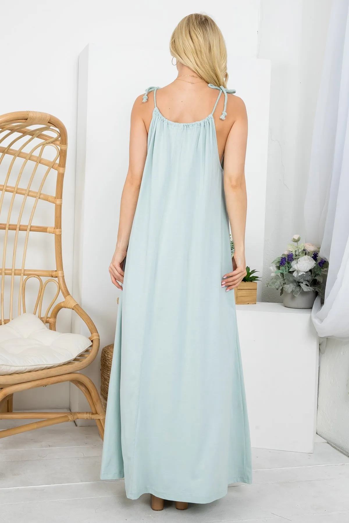 LIGHT SAGE ADJUSTABLE SHOULDER TIE MAXI DRESS