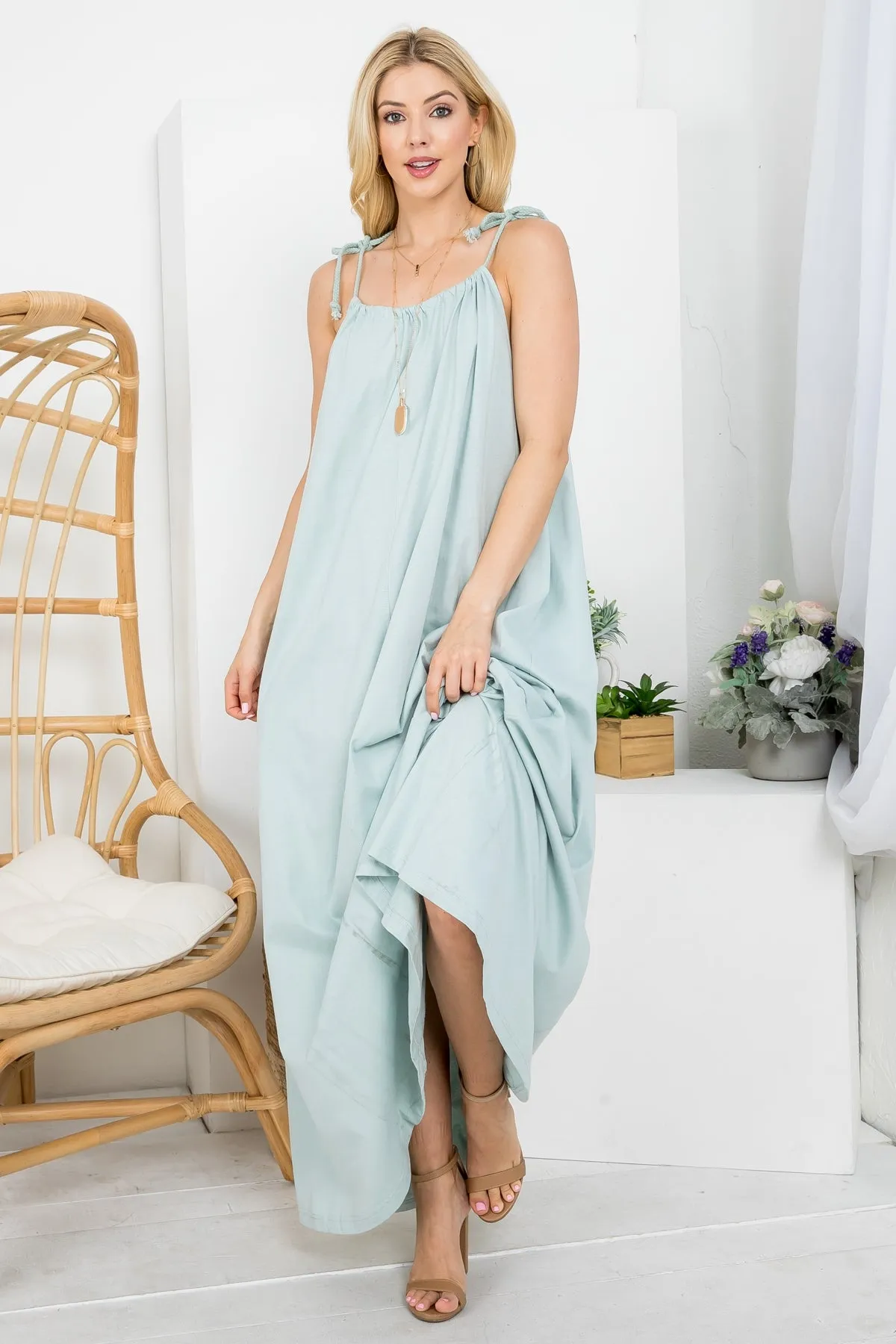 LIGHT SAGE ADJUSTABLE SHOULDER TIE MAXI DRESS