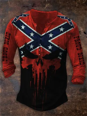 Men's Proud Dixie Rebel Flag Skull Contrast Henley Shirt