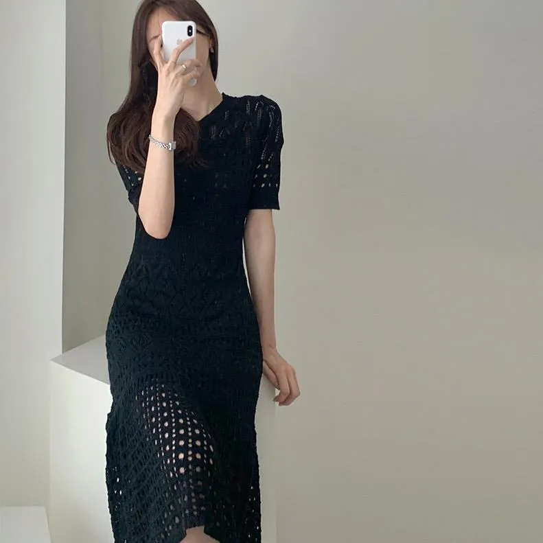 Open-Knit Soft Viscose Fishtail Dress