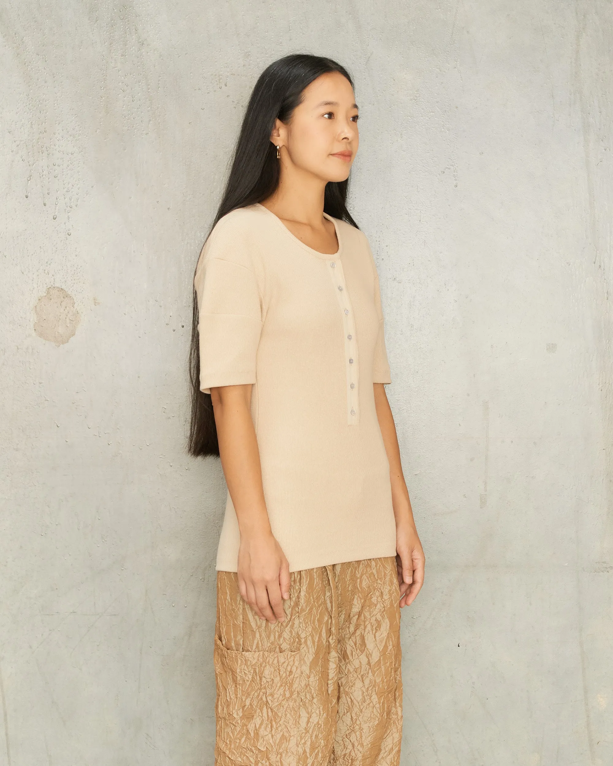 Warm Beige Fitted Henley T-Shirt