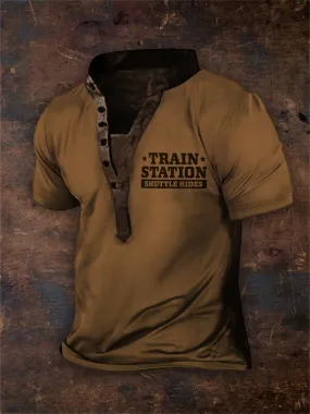 Wearshes Men's Train Station Rides Vintage Henley Shirt